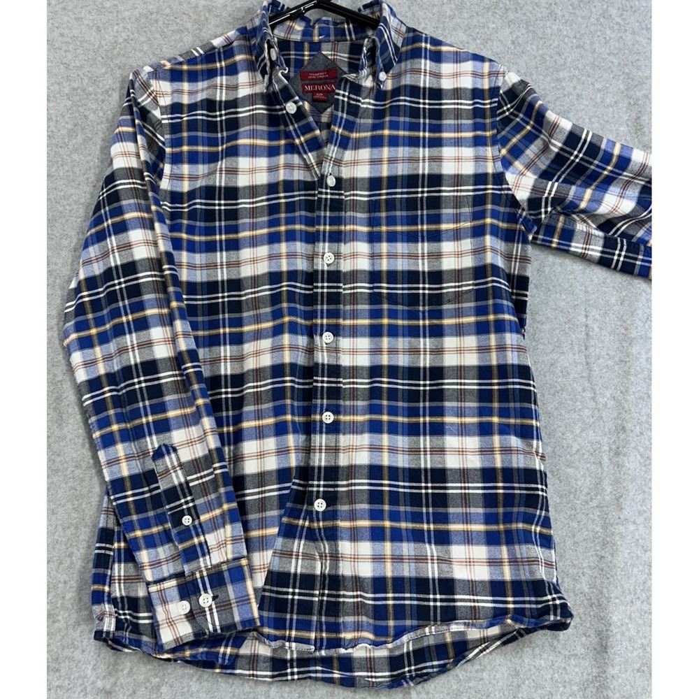 Plaid Mens Blue Merona Button Down Shirt Tailored Fit Cotton S/P